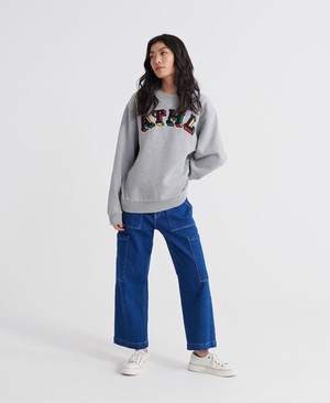 Superdry Contemporary Varsity Metallic Crew Női Pulóver Szürke | DXSLB0346